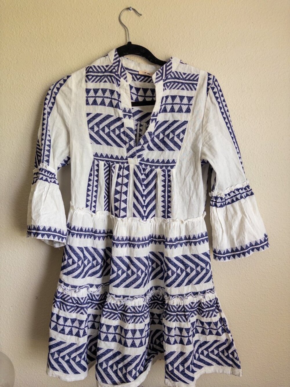 Mi Ami Navy Aztec Geometric Tiered Bell Sleeve Dress S